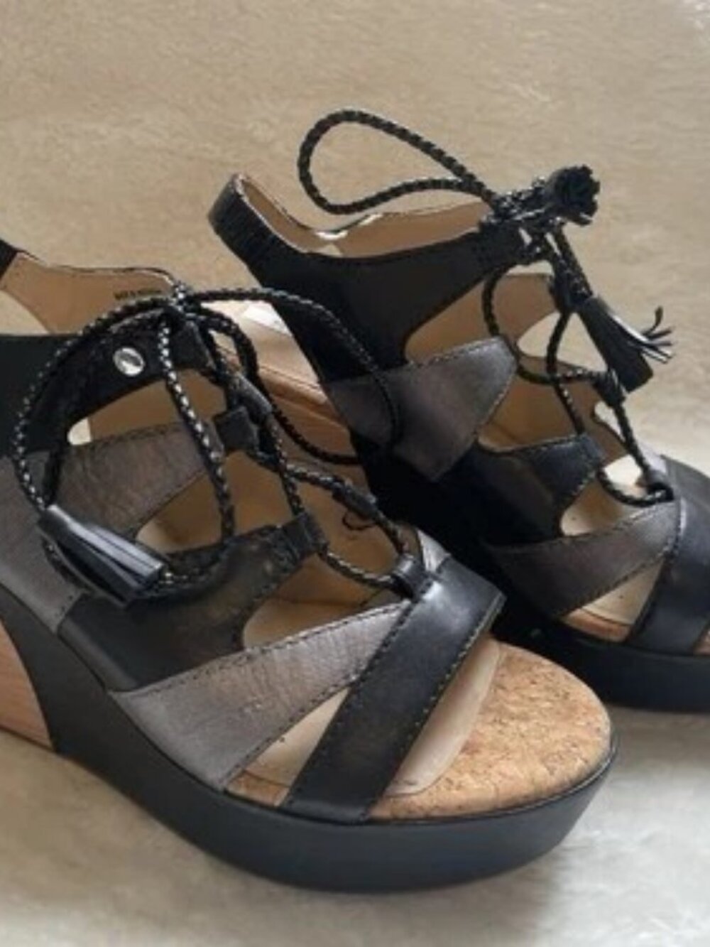 NEW GEOX D Jaleah Wedge Sandals - Genuine Leather Black/Silver - Womens US 8